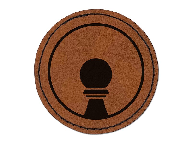 Chess Piece Black Pawn Round Iron-On Engraved Faux Leather Patch Applique - 2.5&#x22;