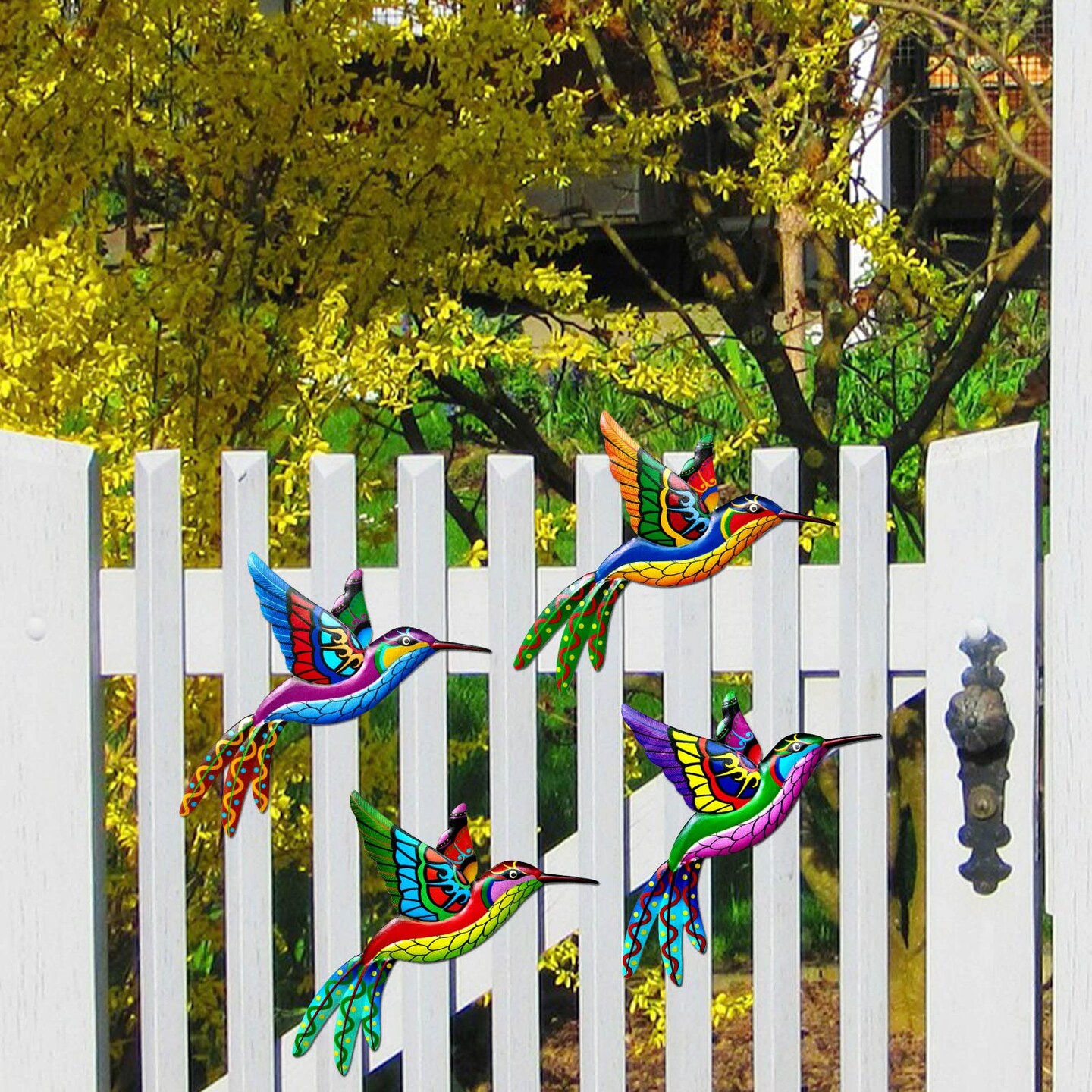 4 Pack Metal Hummingbird Wall Art Decor Metal Colorful Birds 3D Outdoor Sculpture Iron Outdoor Hanging Decor Ornaments Metal Hand-made Bird Wall Art Fence Decorations for Living Room Patio Balcony