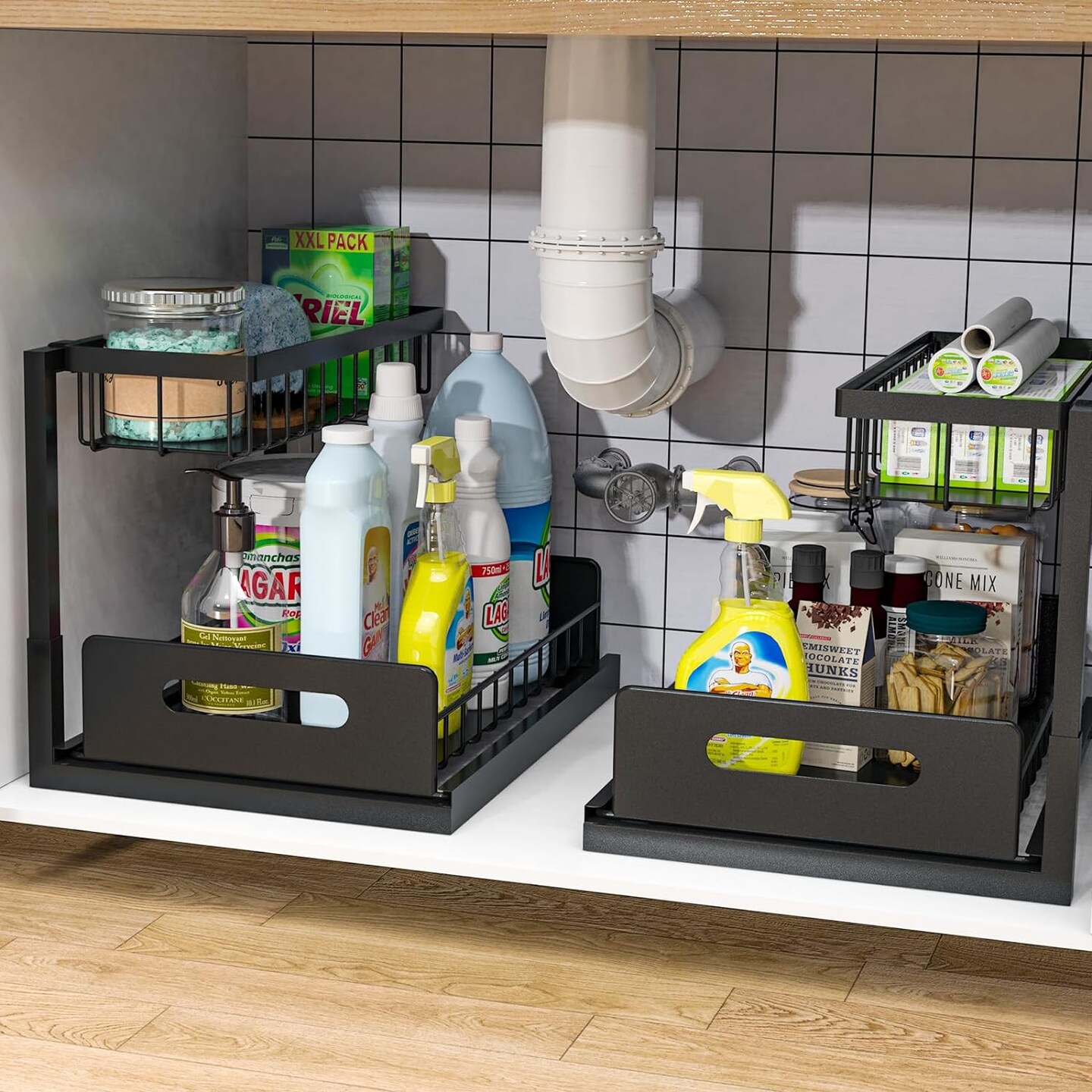 Under Sink Organizer, Pull Out Cabinet Organizer 2-Tier Slide Out Sliding Shelf Under Cabinet Storage Multi-Use for Under Kitchen Bathroom Sink Organizers and Storage ,2 Pack
