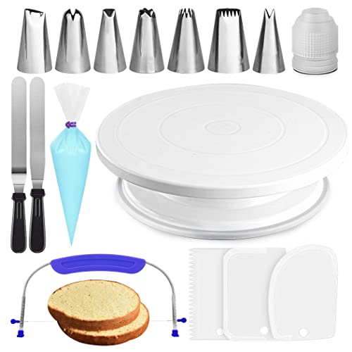 RFAQK 35PCs Cake Turntable and Leveler-Rotating Cake Stand with Non Slip  pad-7 Icing Tips and 20 Bags- Straight & Offset Spatula-3 Scraper Set  -EBook-Cake Decorating Supplies Kit -Baking Tools