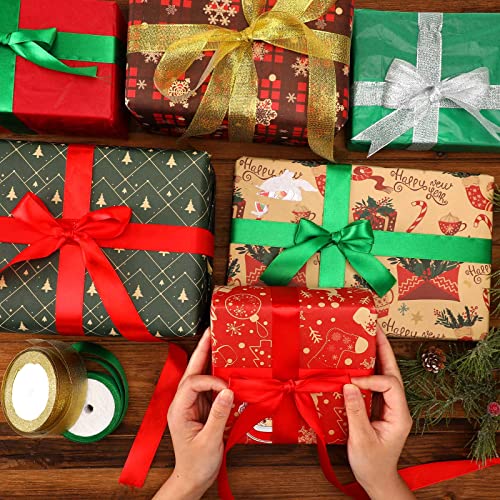 DECYOOL 4 Rolls 100 Yards Christmas Ribbons 1Inch Wide Holiday Satin Ribbons for Gift Wrapping and DIY Craft, Red &#x26; Green