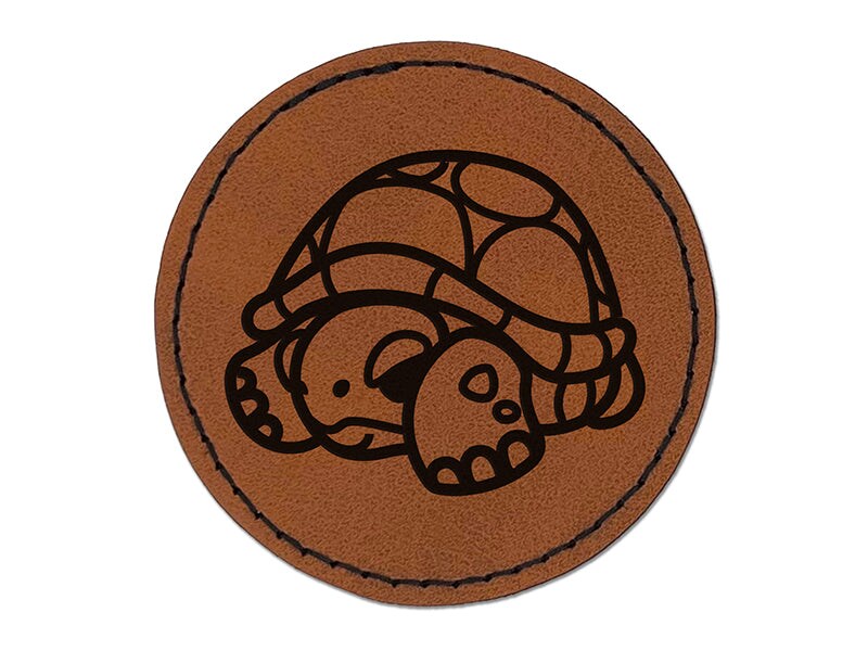 Shy Turtle Hiding in Shell Round Iron-On Engraved Faux Leather Patch Applique - 2.5&#x22;