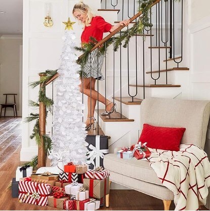 Collapsible Pop-Up White Round Sequin Artificial Christmas Pencil Trees - 5 Ft Tinsel Christmas Tree with 50 LED Warm White Lights Home Apartment Fireplace Party Xmas Decorations