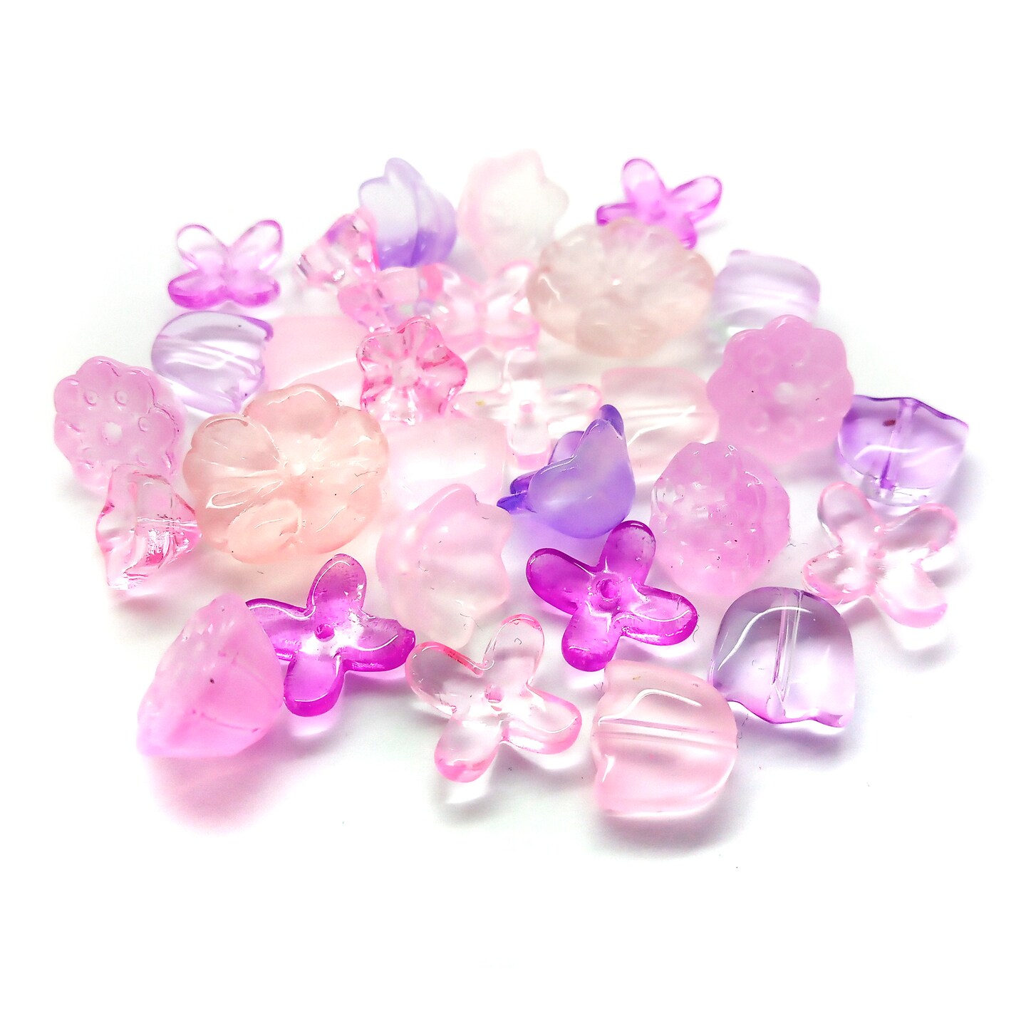 Small Flower Beads Mix, 30 pcs, Pink and Purple Glass, Assorted Styles, Adorabilities