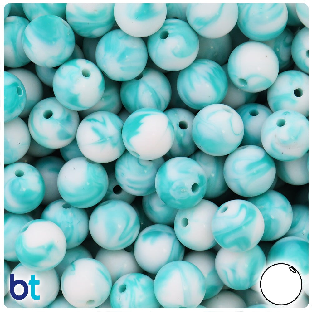 BeadTin Turquoise Marbled 12mm Round Plastic Craft Beads (75pcs