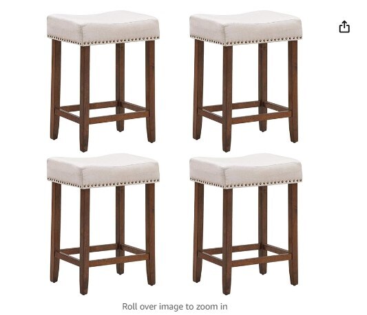 24-inch Height Backless Saddle Stools with Brass Nailhead Trim, Thick Cushion, Solid Wood Legs, Modern Bar Stools for Kitchen Island Bistro, Beige