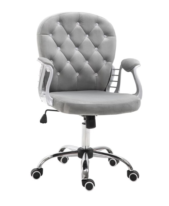 Button Tufted Desk Chair with Padded Armrests, Adjustable Height and Swivel Wheels, Beige Velvet Home Office Chair