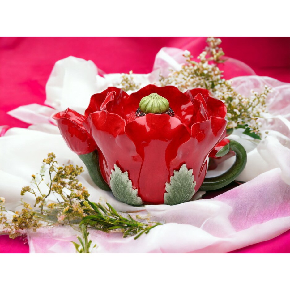 kevinsgiftshoppe Ceramic Red Poppy Flower Teapot   Tea Party Decor Cafe Decor