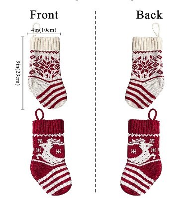Christmas Mini Stockings, 6 Pack 9 Inches Knit Knitted Snowflake Reindeer Rustic Holiday Decorations, Cream Burgundy Goodie Bags for Family Friends