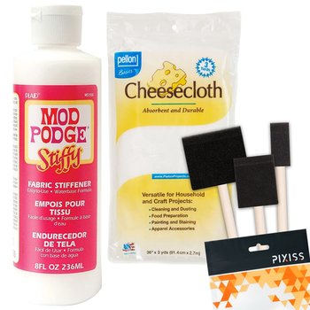 Mod Podge Stiffy Fabric Stiffener, Cheesecloth and Brushes - 8oz Quick Mod Podge Fabric and Hat Stiffener, 3 Pixiss Foam Brushes 36 Yards of Cheesecloth