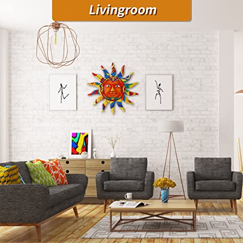12.7 Inches Metal Sun Wall Art Decor Hanging for Indoor Outdoor Home Garden Colorful Sun Face Sculptures &#x26; Statues Yellow