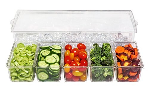 5 Compartment Condiment Server Caddy - Serving Tray Container with 5 Removable Dishes with Over 2 Cup Capacity Each and Hinged Lid | 3 Serving Spoons + 3 Tongs Included