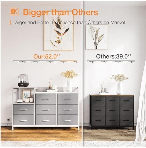 Dresser with Charging Station for Bedroom, 52'' Long Dresser TV Stand with 8 Drawers, White and Light Grey