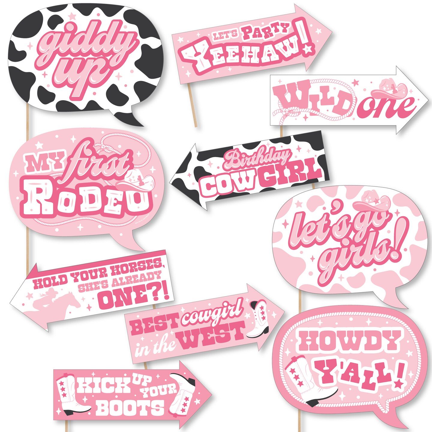 Big Dot of Happiness Funny Pink First Rodeo - Cowgirl 1st Birthday Party Photo Booth Props Kit - 10 Piece