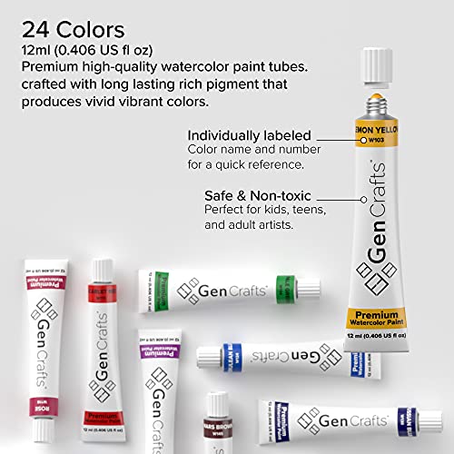 Watercolor Paint 24 Colors Set 12ml/ 0.4oz. - Quality Non Toxic Pigment Paints for Canvas, Fabric, Crafts, and More