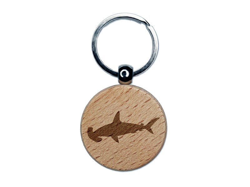 Hammerhead Shark Solid Engraved Wood Round Keychain Tag Charm