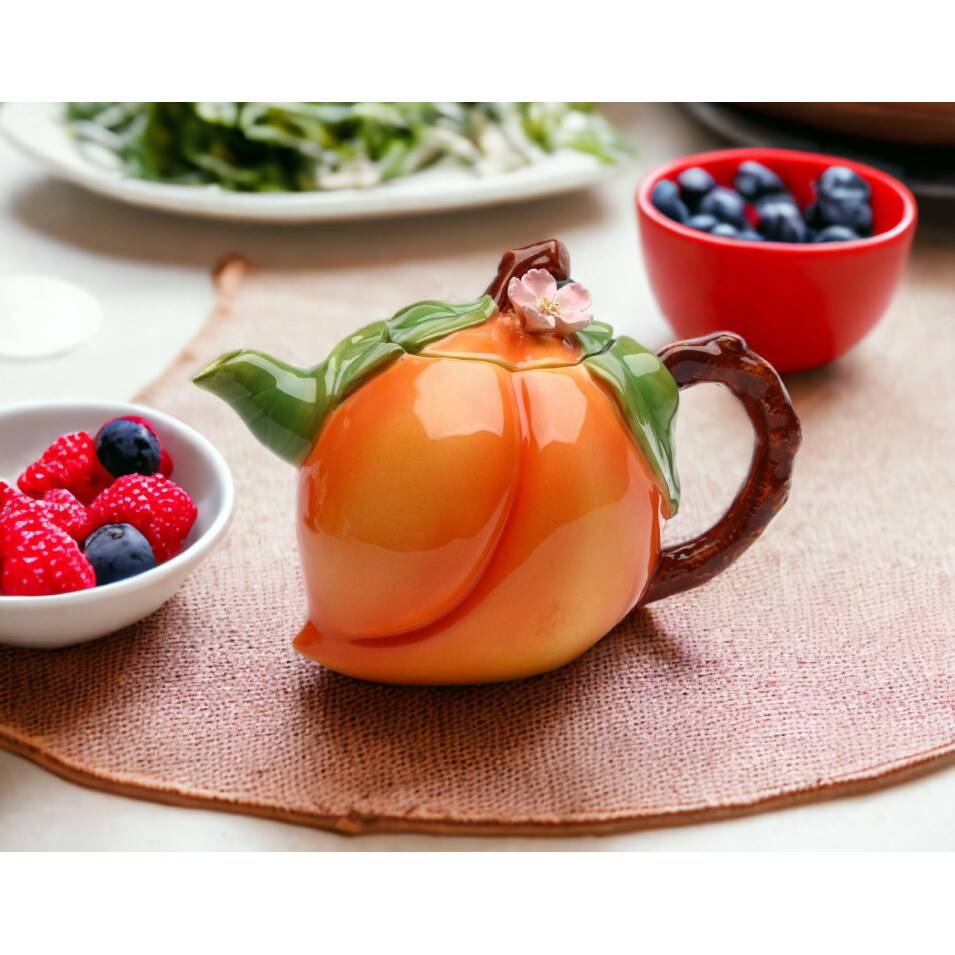 kevinsgiftshoppe Ceramic Peach Teapot   Tea Party Decor Cafe Decor Farmhouse Kitchen Decor