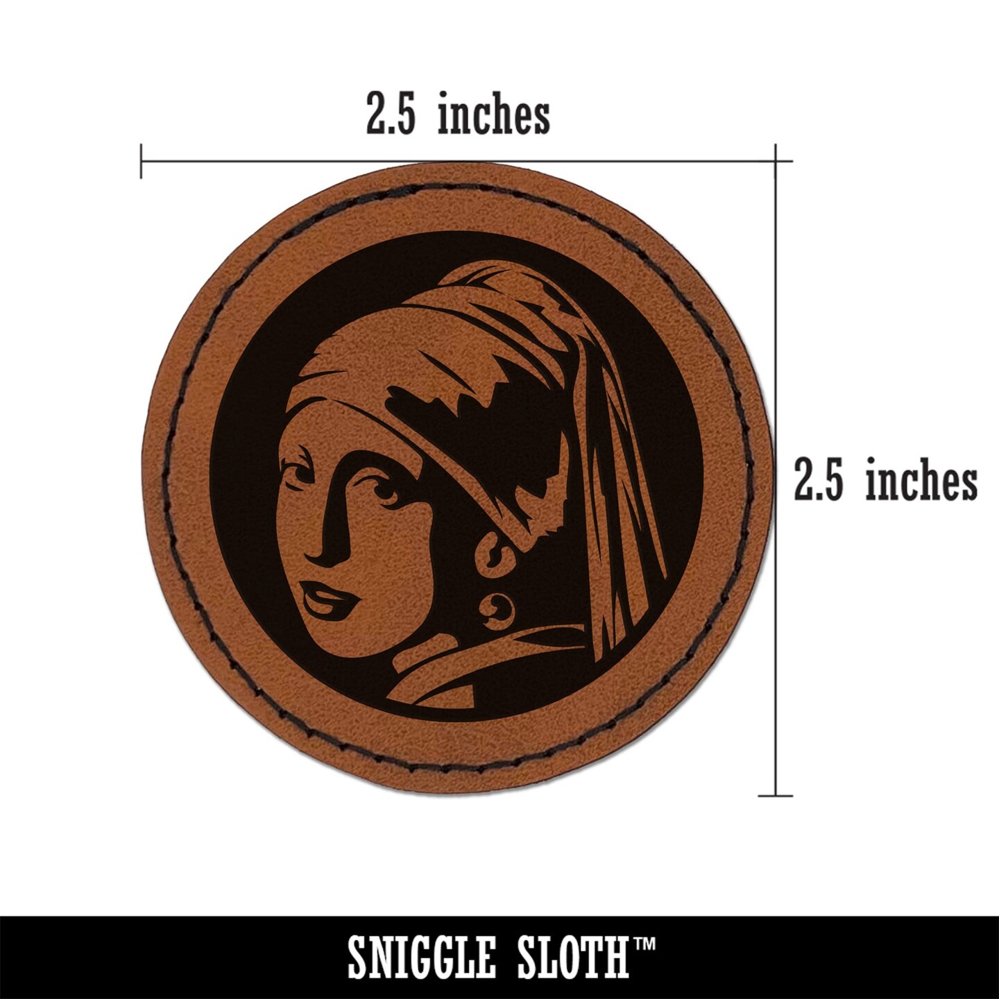 Girl with a Pearl Earring Painting by Johannes Vermeer Round Iron-On Engraved Faux Leather Patch Applique - 2.5"