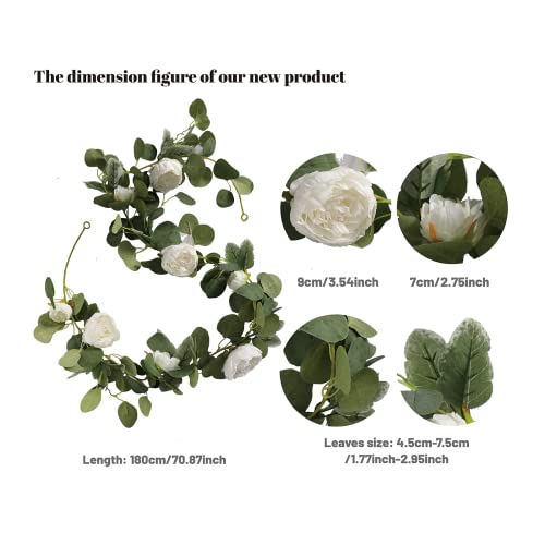 MISSPIN 2pcs Artificial Flowers Garland Eucalyptus Garland Vintage Fake Flower Peony Rose Vine Greenery Decorative Wall Hanging Plant for Wedding Arch Door Arrangement Party Decor (White,2pcs)