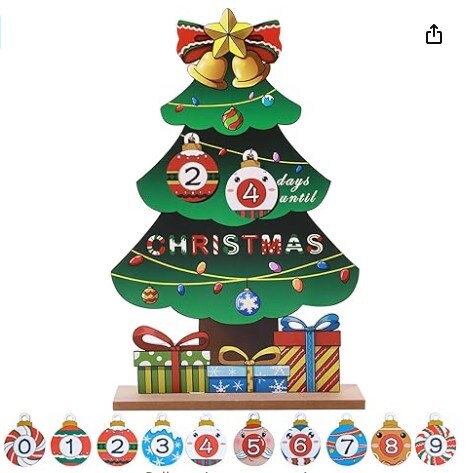 14&#x22; Wooden Advent Calendar, Colorful Xmas Tree Tabletop Centerpieces Decorations Indoor with &#x27;Merry Christmas&#x27; Printed, Large Wood X-mas Ornaments Home Decoration