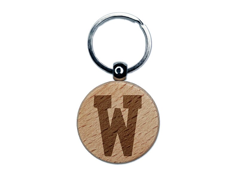 Letter W Uppercase Fun Bold Font Engraved Wood Round Keychain Tag Charm