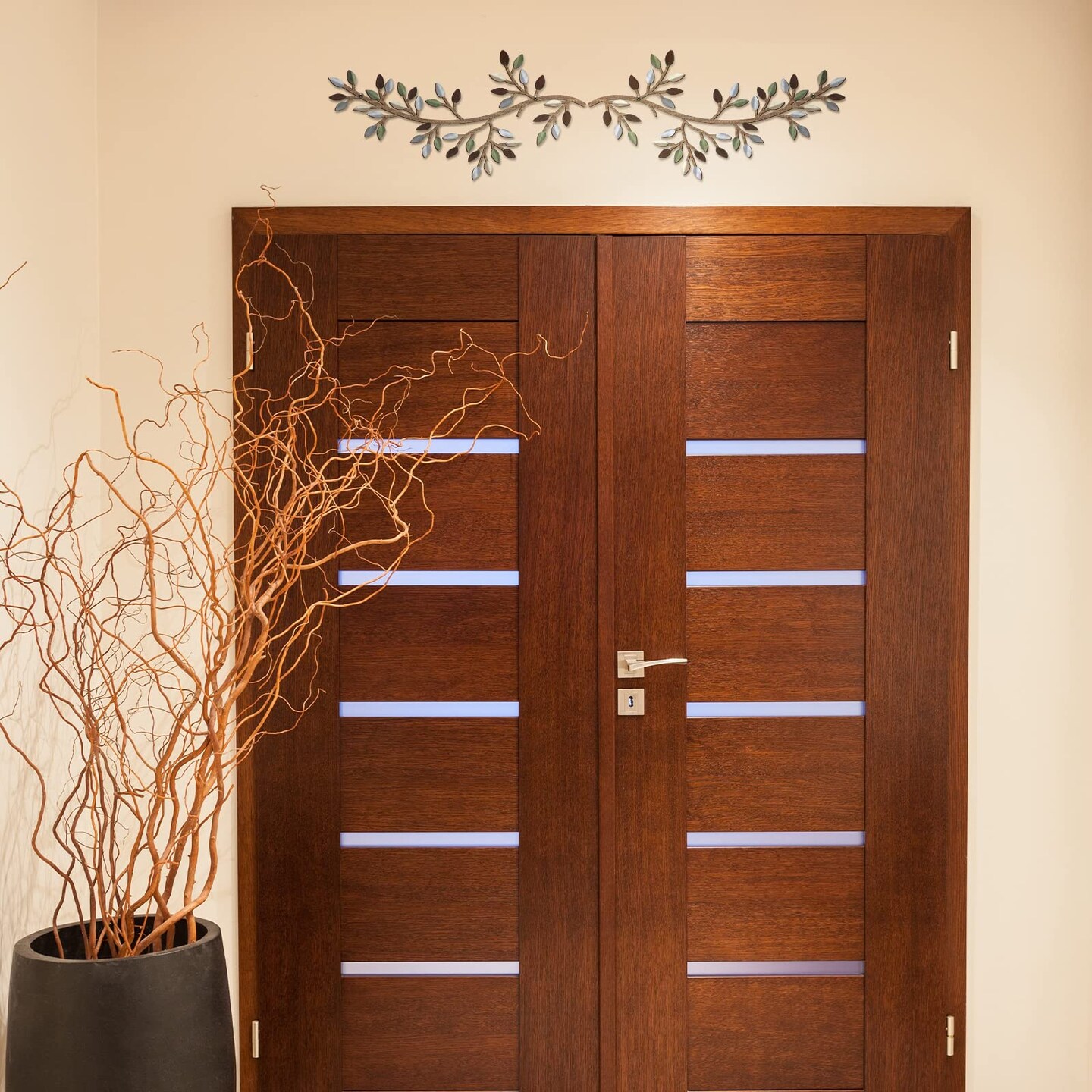 2 PCS Metal Tree Leaf Wall Decor Vine Olive Branch Wall Art Wrought Iron Scroll Sculptures Above the Bed, Living Room, Outdoor Decoration Multicolor