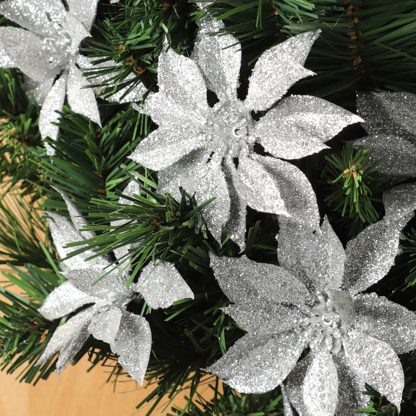 48 Sparkling Silver Glitter Poinsettia Picks - 5-Inch - Festive Holiday Decor, Floral Home by Artificial Flowers
