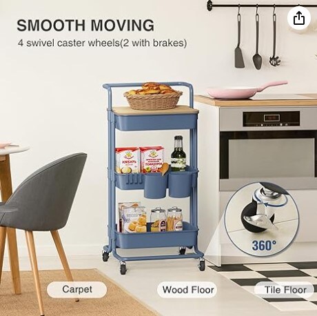 3 Tier Rolling Utility Cart with Covered Top Board, Movable Kitchen Storage Cart Trolley with Lockable Wheels, Cups, Hooks for Kitchen Bathroom Home Office Art Craft Storage and Organization (Blue).