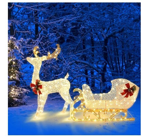 Christmas Lighted Reindeer and Santa&#x27;s Sleigh, Artificial Christmas D&#xE9;cor for Indoor and Outdoor, Christmas Lighted Outdoor Yard Decoration with 215 LED Lights and 4 Ground Stakes