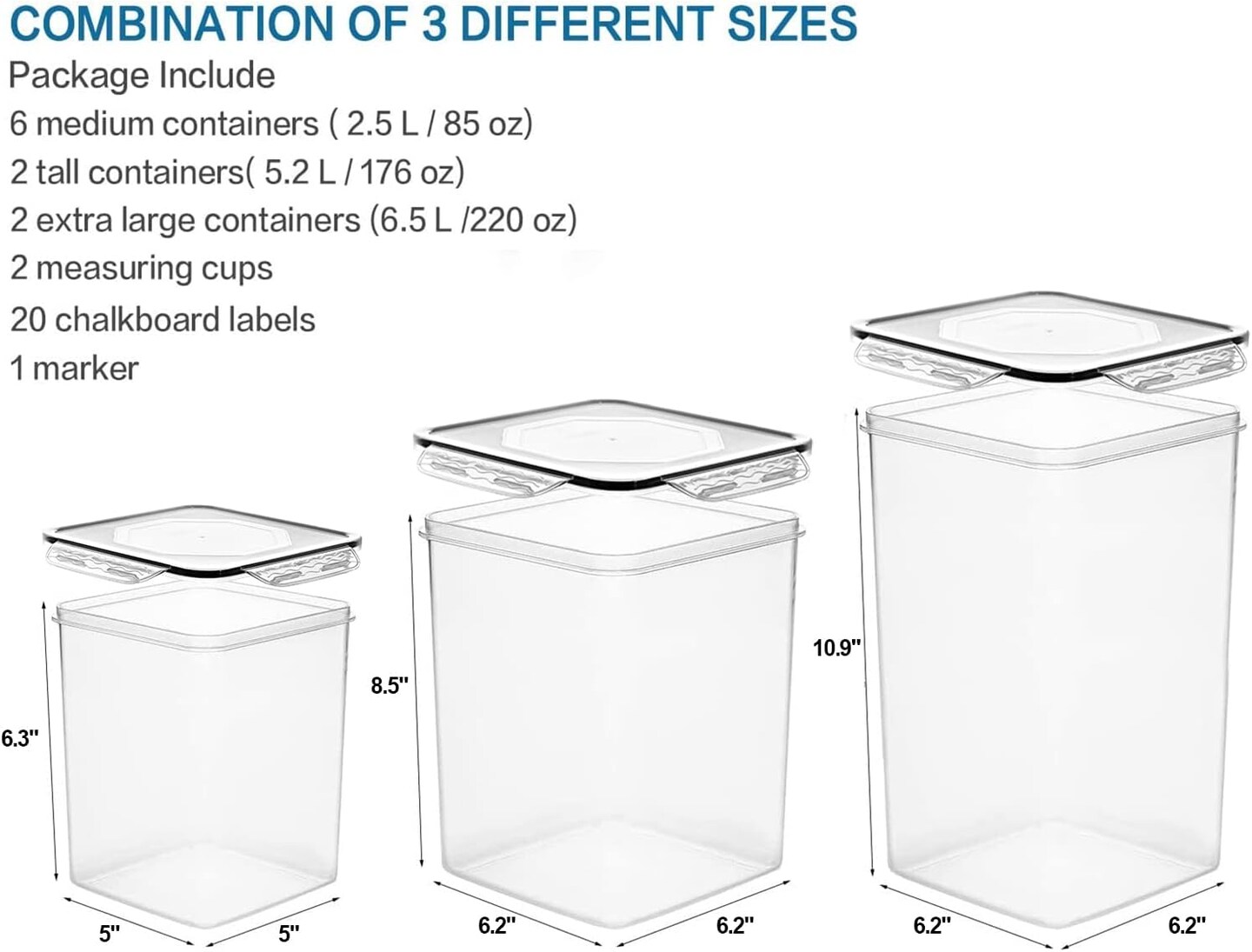Large Tall Airtight Food Storage Containers, 10 PACK Plastic Airtight Kitchen &#x26; Pantry Organization, Ideal for Flour &#x26; Sugar - BPA-Free Plastic Canisters with Labels