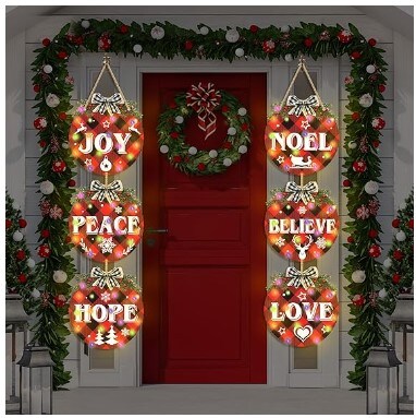 Christmas Hanging Sign Decorations with String Lights Red Black Plaid Front Door Sign Plastic Peace Love Joy Welcome Wreath Sign for Xmas Holiday Party Porch Windows Walls Decor Supplies 6 Pcs
