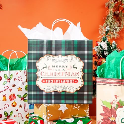JOYIN 24 Pcs Christmas Kraft Paper Gift Bags with Twine Handles, 12 X 12 X 5&#x27;&#x27; Large Xmas Gift Bags with 12 Designs for Holiday Present Wrapping, Christmas Goodie Bags, Xmas Goody Bags Party Supplies