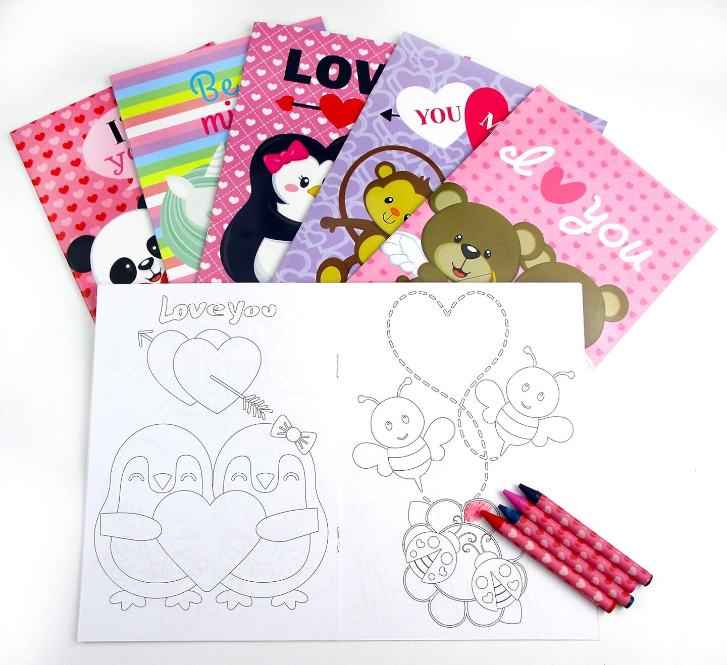 TINYMILLS Valentine's Day Coloring Book and Crayon Set for Kids Party Favors with 12 Coloring Books and 48 Crayons for Valentine's Day Party