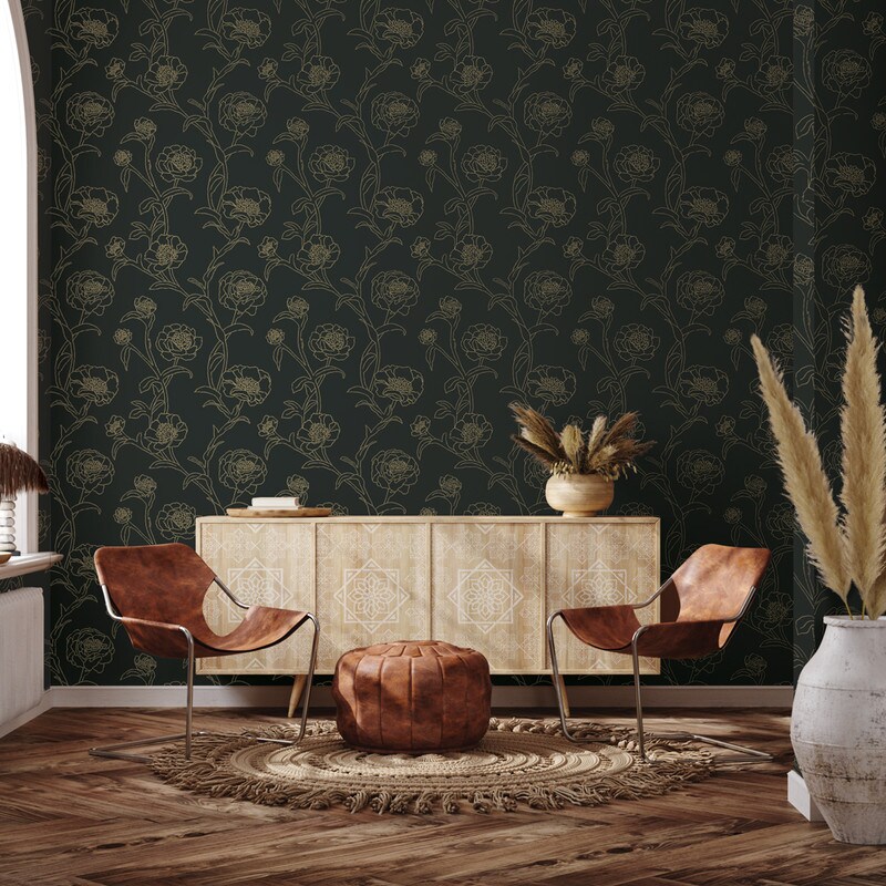 Tempaper Peonies Peel and Stick Wallpaper Black/Metallic Gold