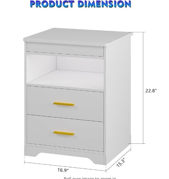 Modern End Table with Charging Station, Night Stand Side Table with Auto Sensor LED 3 Color Dimmable