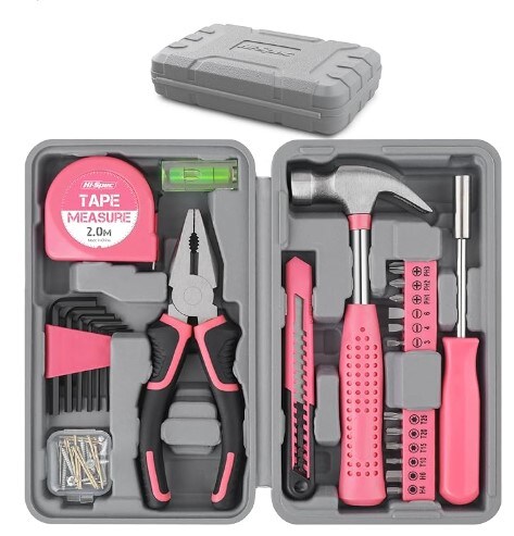 Pink Household DIY Tool Kit for Women (25 Pieces). Small Mini Tool Box Set of Basic Ladies Tools for the Home and Office