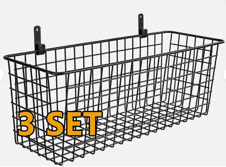 Set of 3 Wire Organizer Display Wall Mounted Hanging Baskets Storage Bins