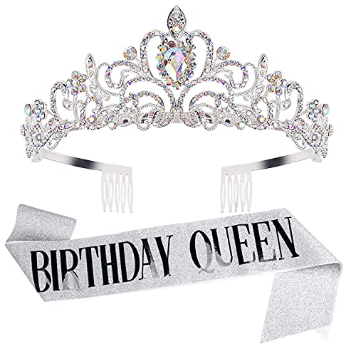 Rhinestone Tiara for Birthday Girl, Silver Crown with Sash for Women