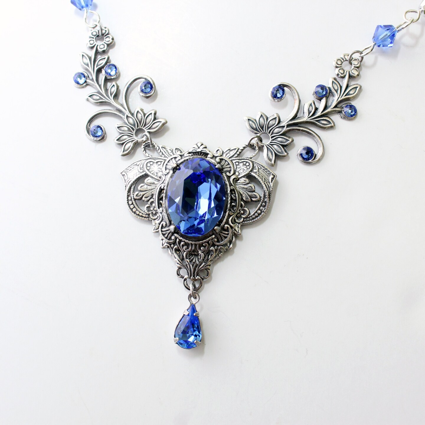 925 Sterling Silver Blue Sapphire Open Heart Pendant Necklace 18
