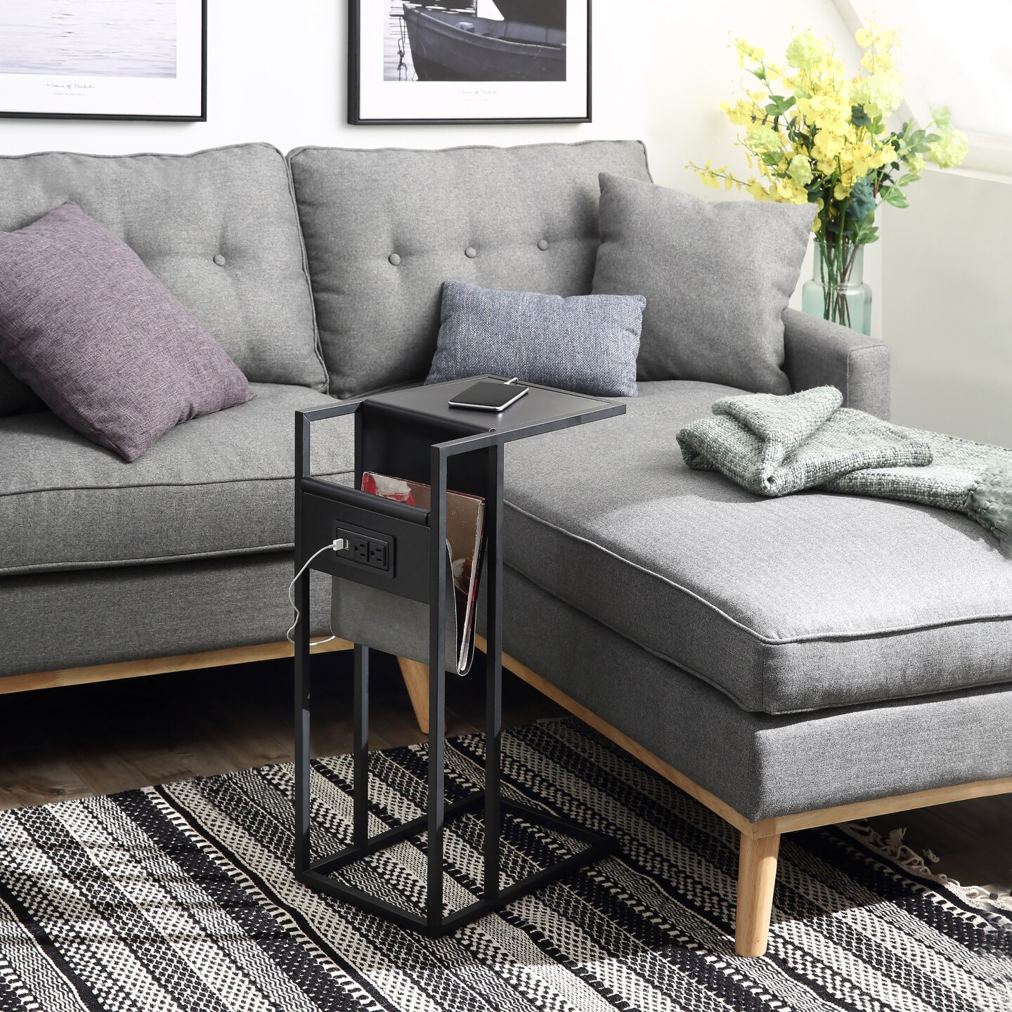 Tregal C-Table with Magazine Holder, USB Port &#x26; Wall Plug
