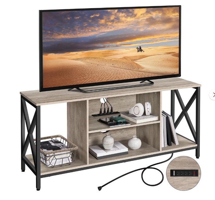 Grey Modern TV Stand for 60-Inch TV with 4-AC Power Outlet