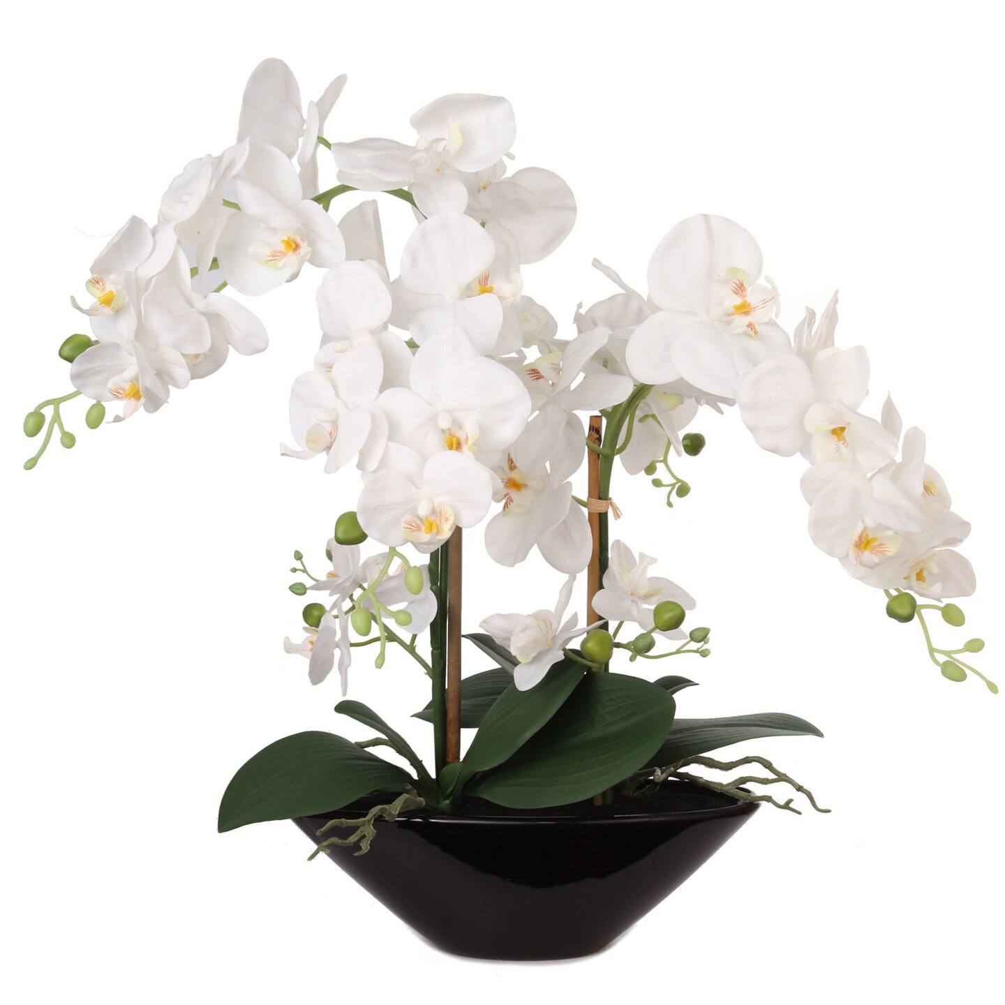 21-Inch White Phalaenopsis Orchid Arrangement in Black Ceramic Vase with Real Touch Foliage for Elegant Home Décor, Floral Home by Artificial Flowers