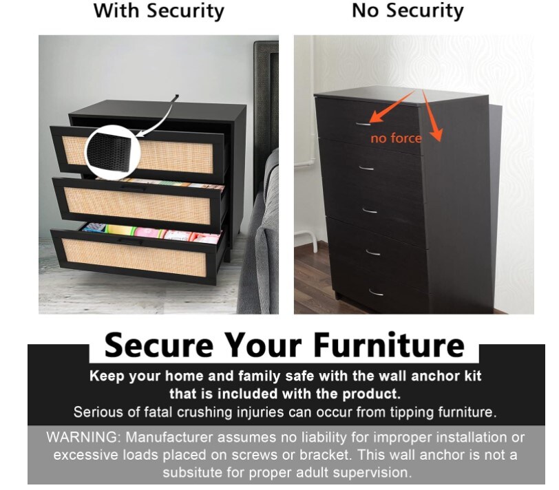 Durable Modern Luxury Furniture Decorative 3-Drawer Dresser, Oxford Rattan Chest of Drawers End Cabinets Storage Corner Bedside Table for Bedroom, Living Room, and Entryway (Black)