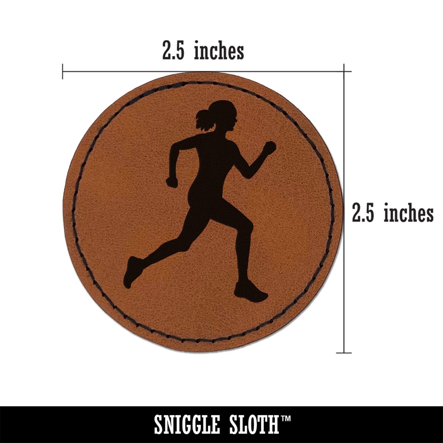 Woman Running Marathon Cardio Exercise Round Iron-On Engraved Faux Leather Patch Applique - 2.5&#x22;