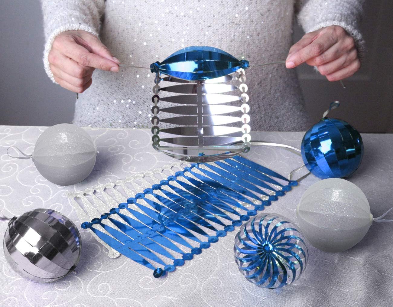 Pop-up Christmas Ornaments Set 41 ct; COLLAPSIBLE Xmas Tree Kit, Silver White Blue
