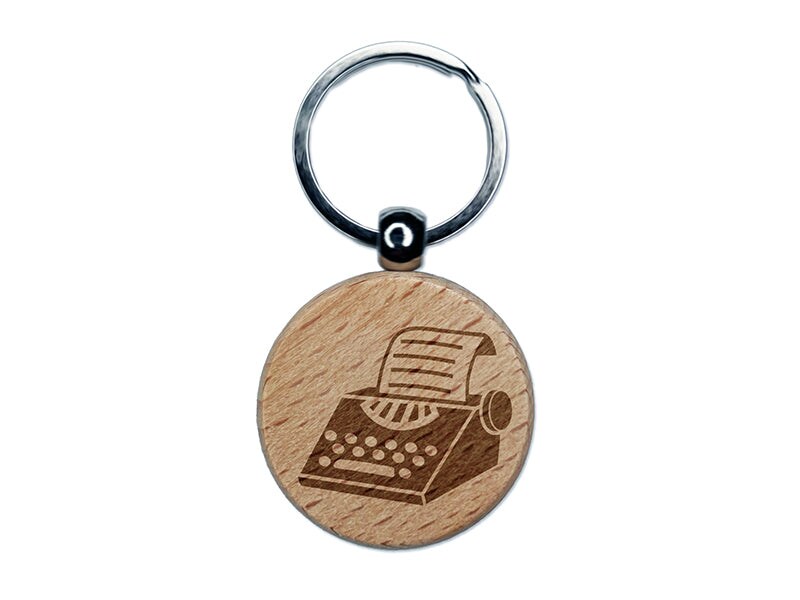 Old Typewriter Icon for Novels Books and Letters Engraved Wood Round Keychain Tag Charm