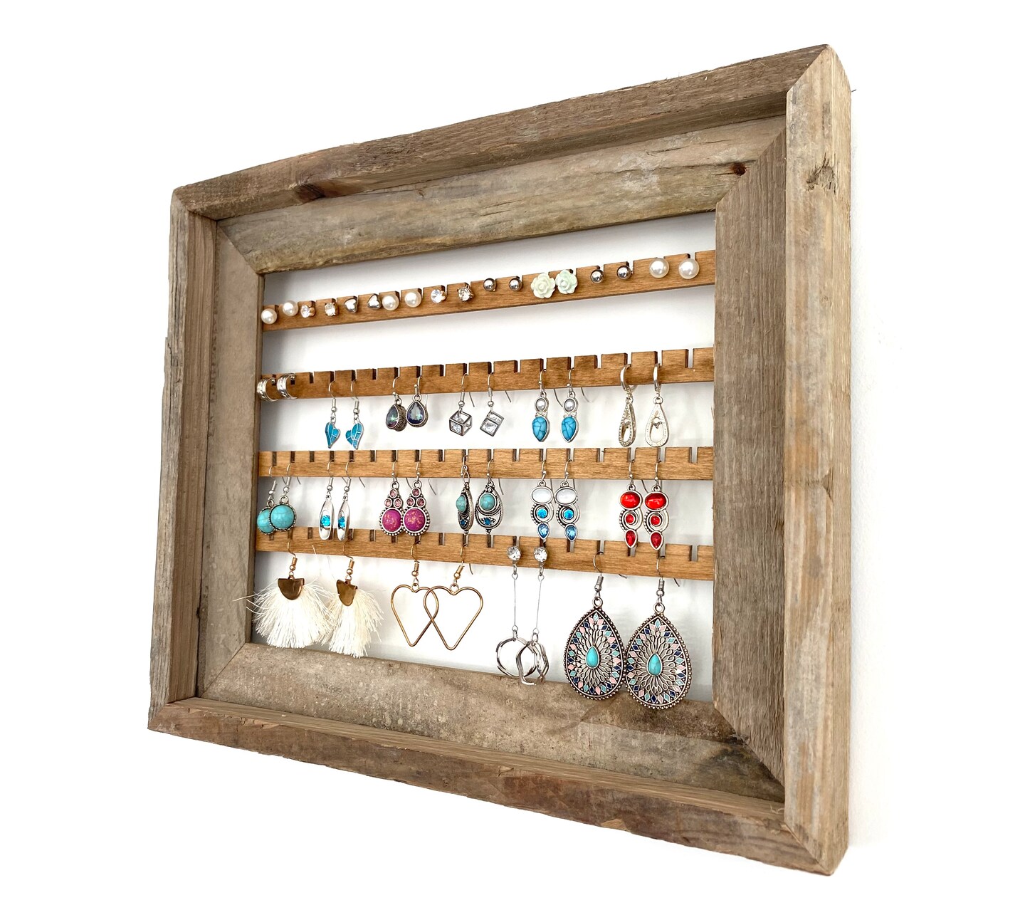 Rustic Wood Jewelry Holder with Shelf, Jewelry Hanger with Hooks store and Bar, Jewelry Organization, Earring Holder, Jewelry Organizer Wall