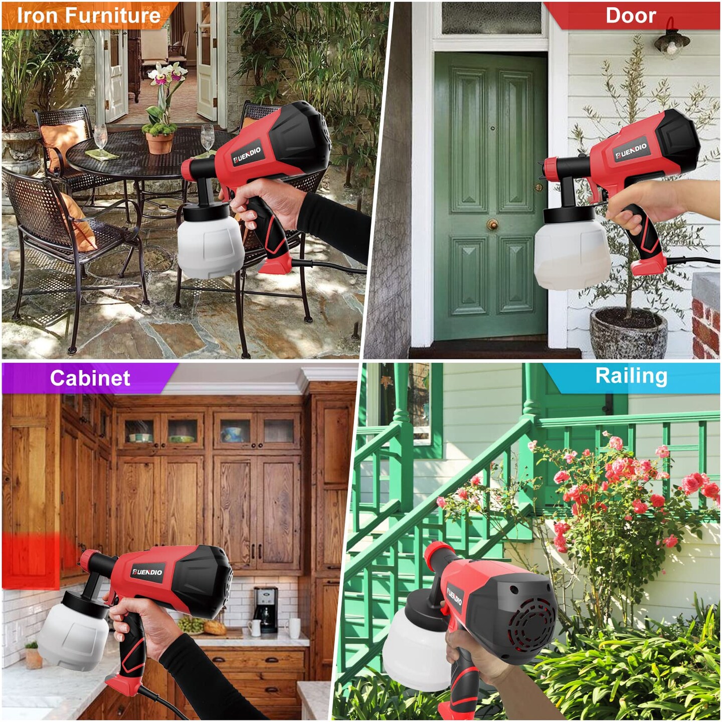 BUENDIO Paint Sprayer, 700W High Power, 5 Copper Nozzles &#x26; 3 Patterns, Easy to Clean, HVLP Spray Gun for Furniture, Cabinets, Fence, Garden Chairs, Walls, DIY Works etc. TPX01 Red