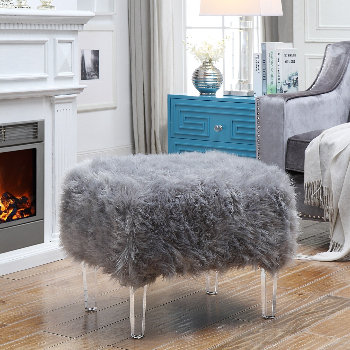 Zelina Luxe Faux Fur Acrylic Leg Ottoman
