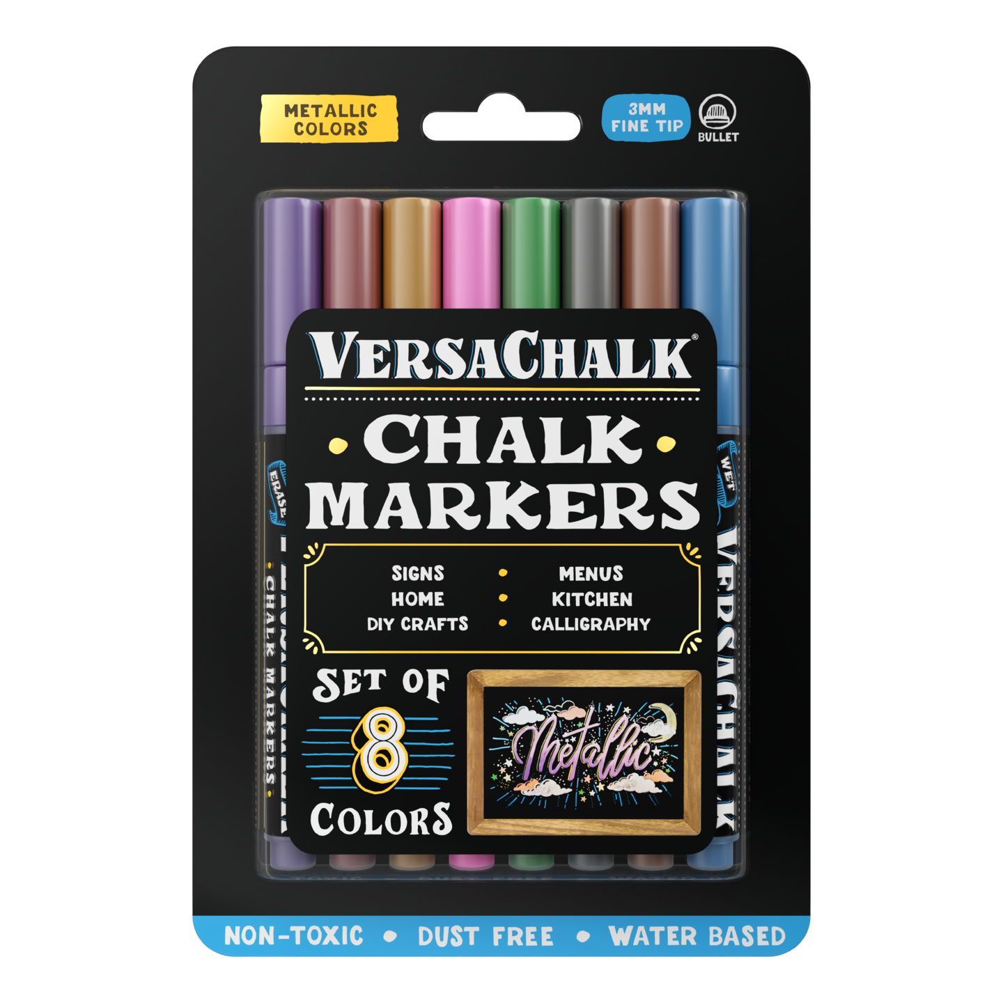 VersaChalk Metallic Liquid Chalk Markers for Chalkboards, Set of 8 - 3mm Fine Tip